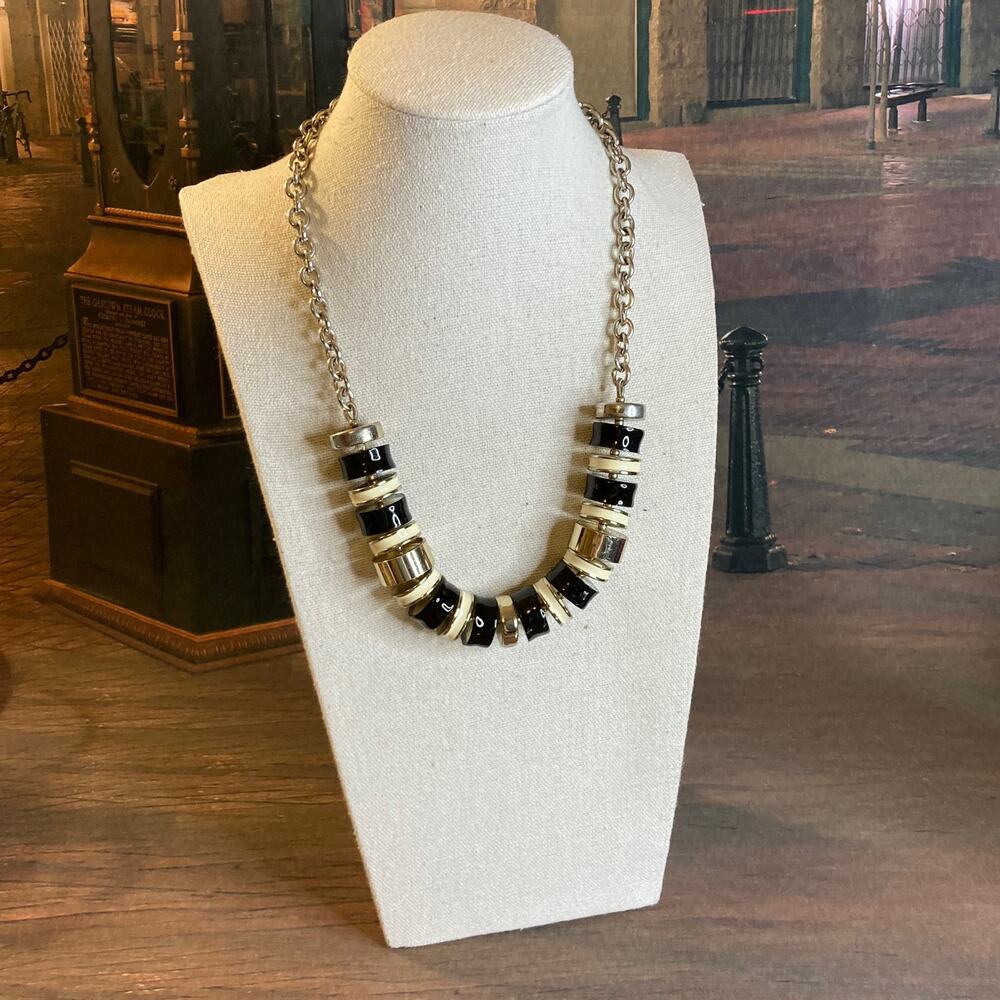 Talbot's Chunky Cylindrical Shaped Enamel & Metal Bead Necklace in Black & Cream
